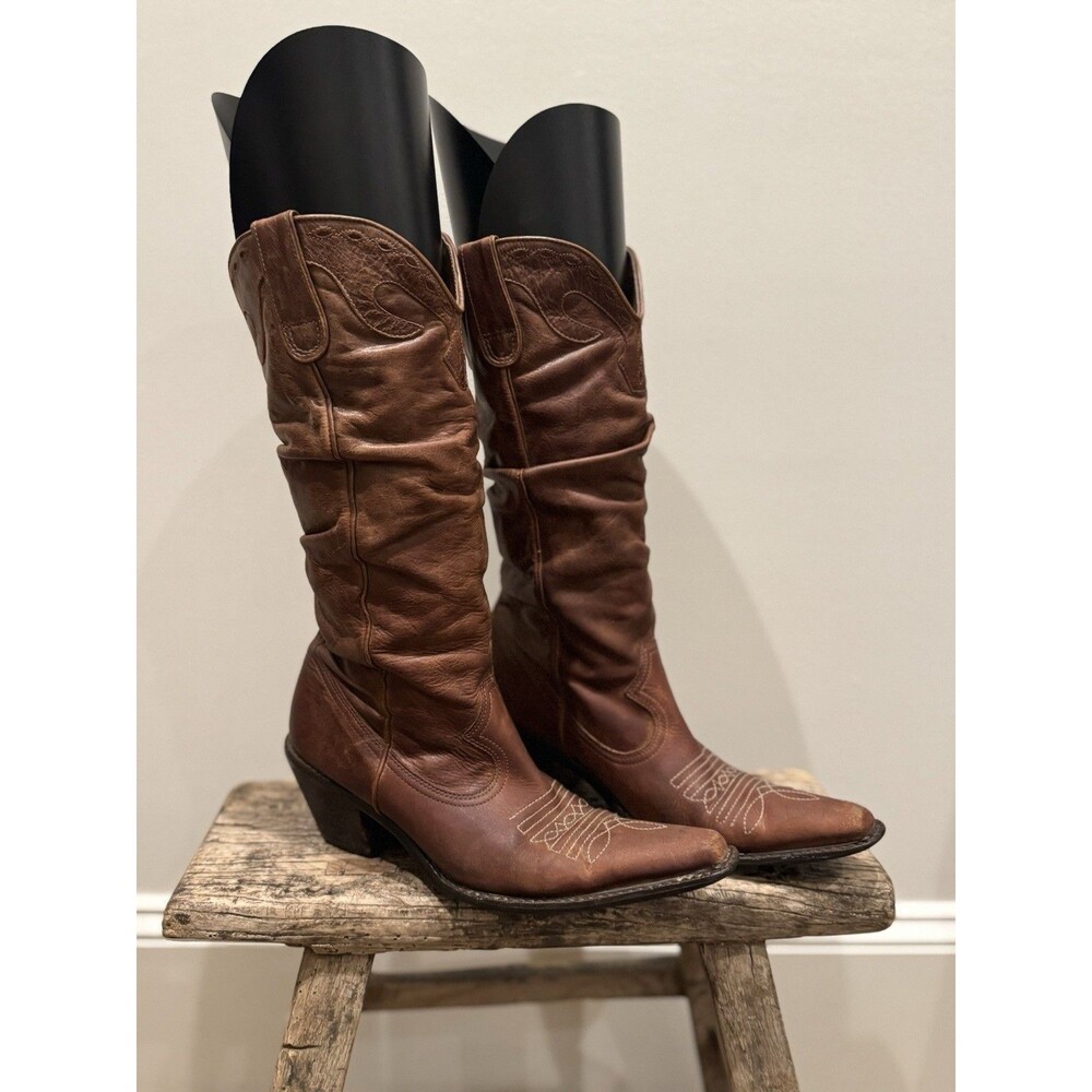 Steve Madden Brown Soft Saddle Leather Slouch Cowboy Boots Y2K Vintage Women’s 8